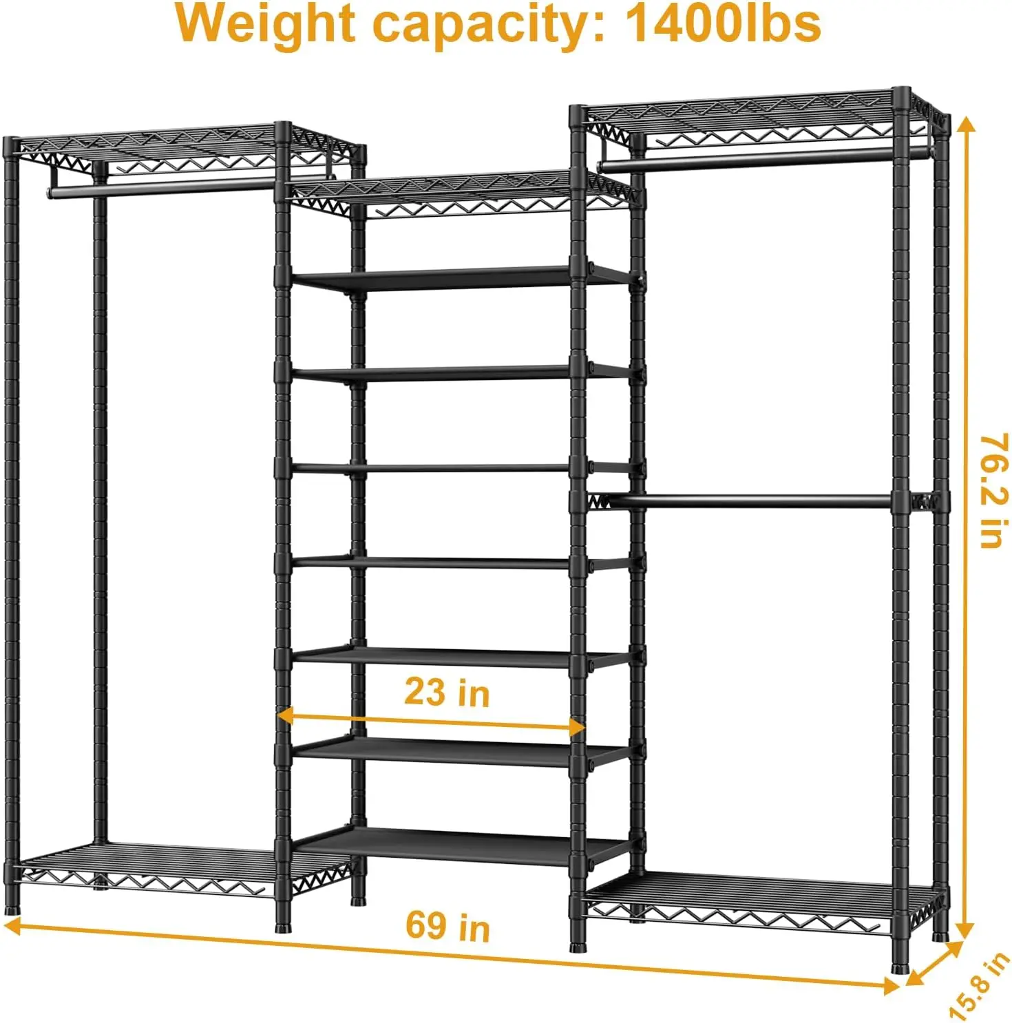 Heavy Duty Freestanding Metal Garment Storage Organizer Built-in Adjustable Multi Layer Shoe Storage Shelves Large Capacity Black Household Open Wardrobe System For Daily Clothing & Footwear Arrangement