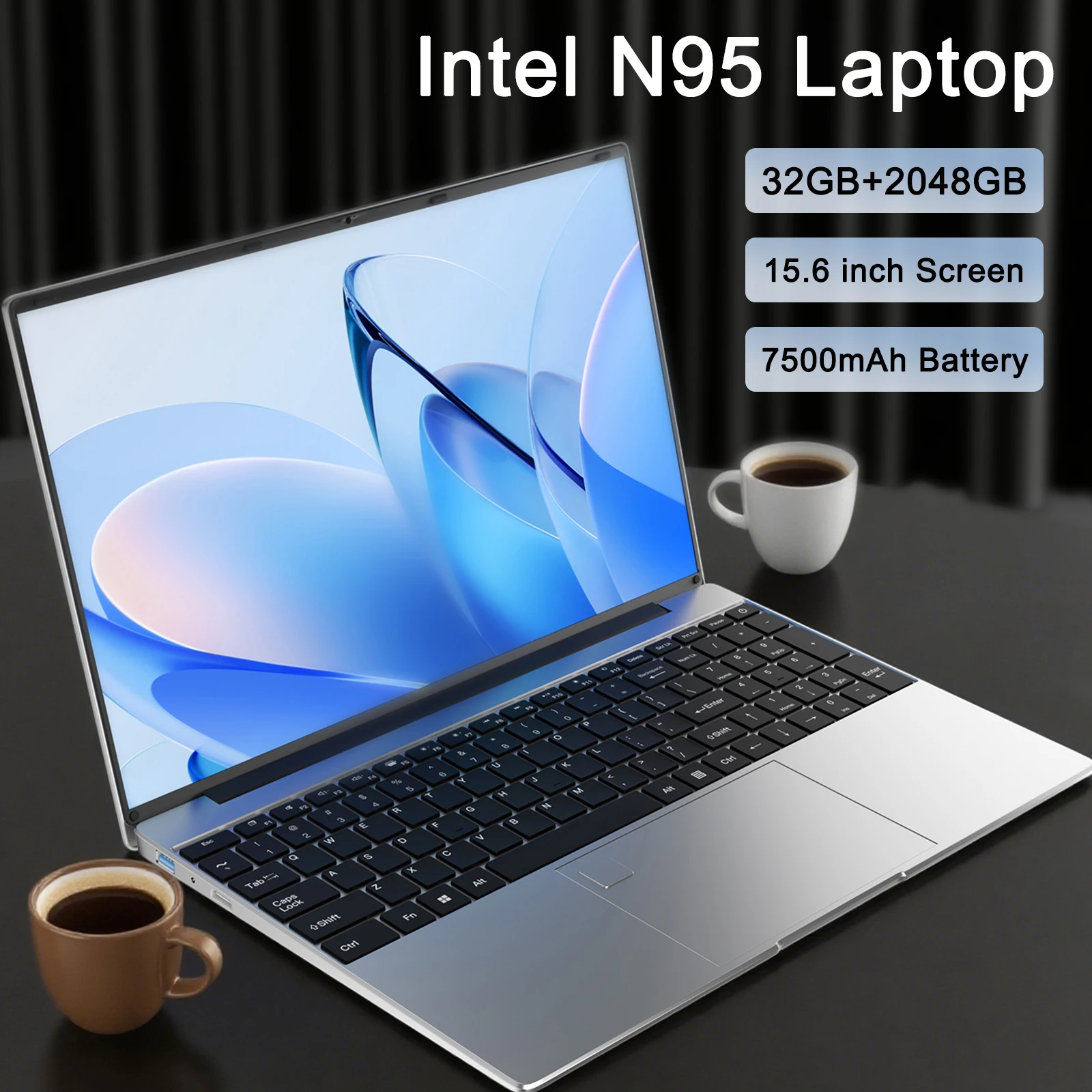 2025 جديد 15.6 "كمبيوتر محمول خفيف الوزن N95 32GB + 2048GB FHD IPS عرض 7500mAh بطارية لوحة المفاتيح الخلفية بصمة فتح