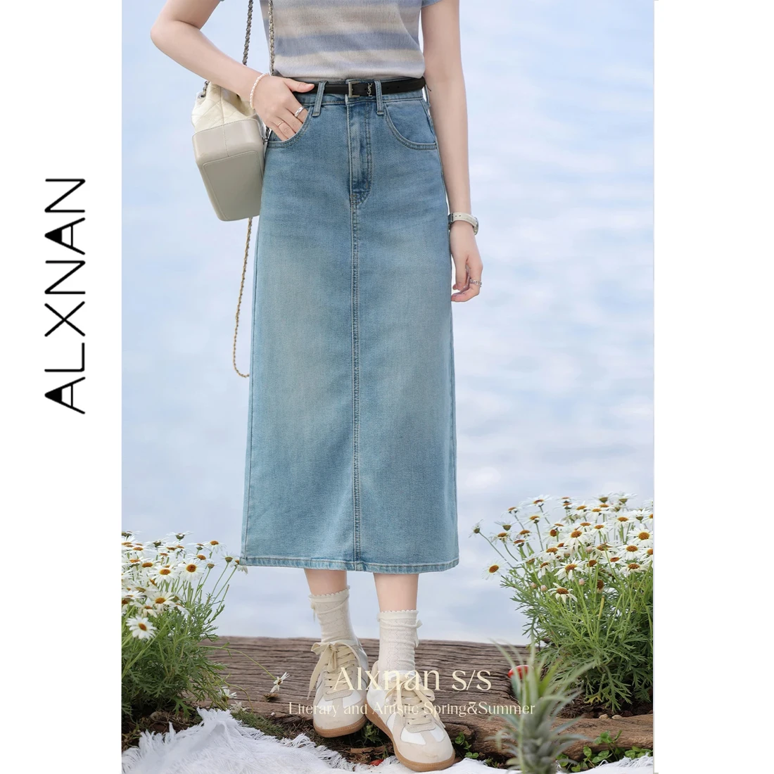 ALXNAN Blue Denim Long Skirt High-waist Cotton A-line Women's Midi Skirts Elegant Casual Straight Split Female Clothing L37603
