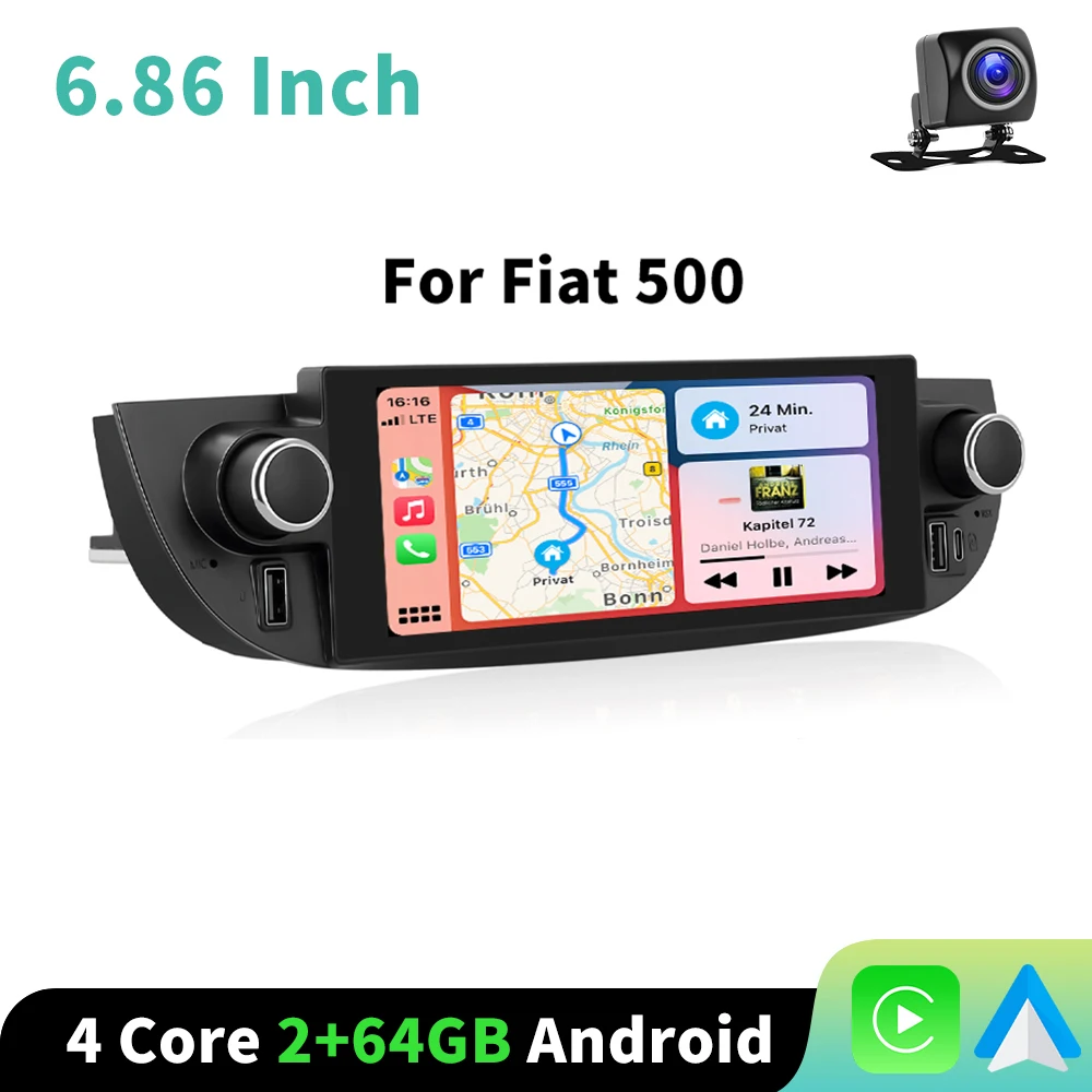 Podofo Android Auto autoradio voor Fiat 500 2007-2015 Carplay GPS navigatie 6.86 inch GPS navigatie 2G+64G multimediaspeler