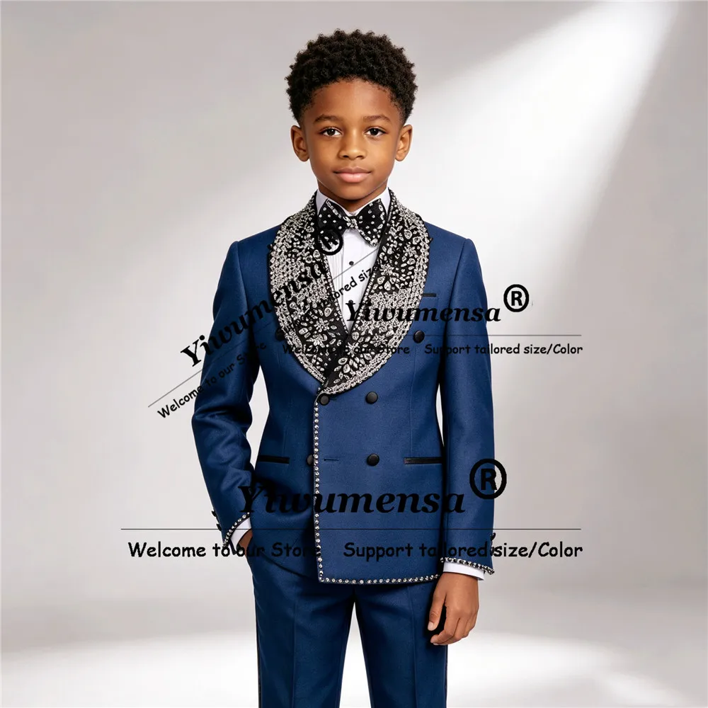 Brilliant Wedding Suits For Boy 2 Pieces Sets Black Shawl Lapel Prom Blazers Customized Beaded Stones Children Tuxedo Attires