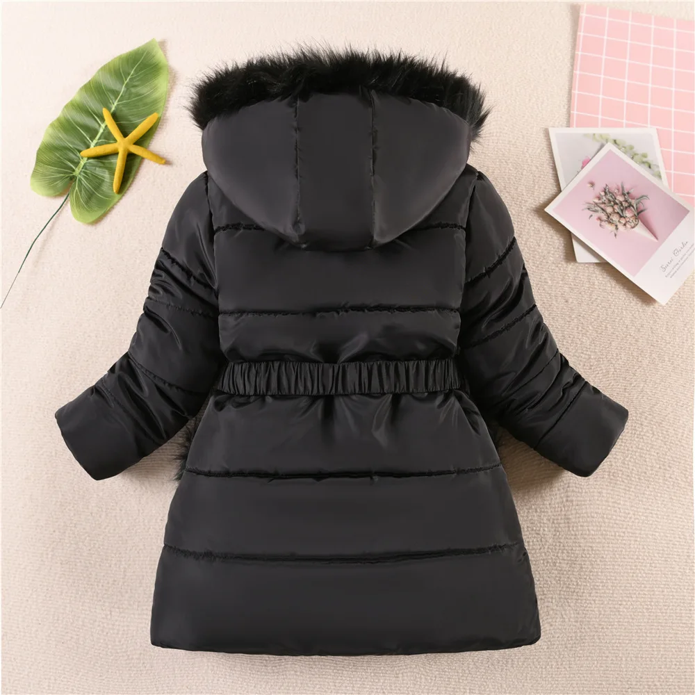 2024 New Winter Keep Warm Girls Jacket Waist Belt Design Detachable Hat Lining Plush Hooded Heavy Coat For Kids