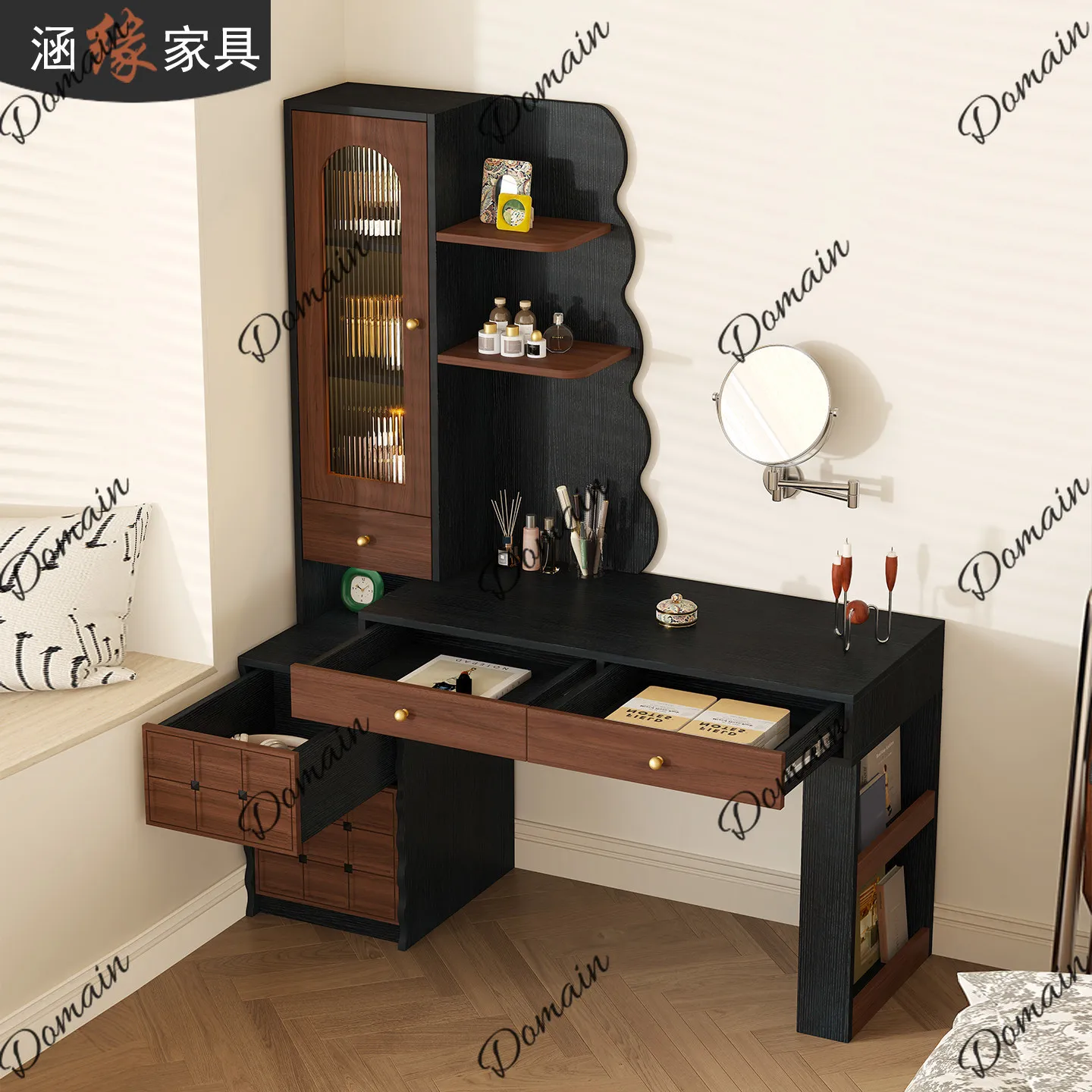 Solid wood vanity desk, integrated desk, bedroom bedside table, vintage makeup small apartment computer desk
