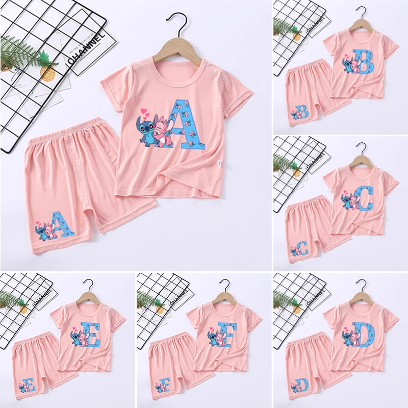 Conjunto de pijamas con estampado de Disney Stitch para niños, ropa informal de verano para niñas, ropa de casa de dibujos animados, nuevos regalos de cumpleaños para niños