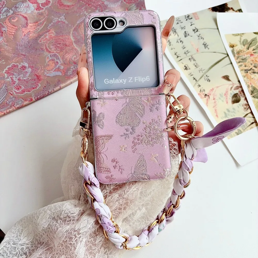 For Samsung Galaxy Z Flip 6 7 FE 8 Embroidery Butterfly Phone Case Axis Hinge Protective PC Shell Bracelet Back Cover