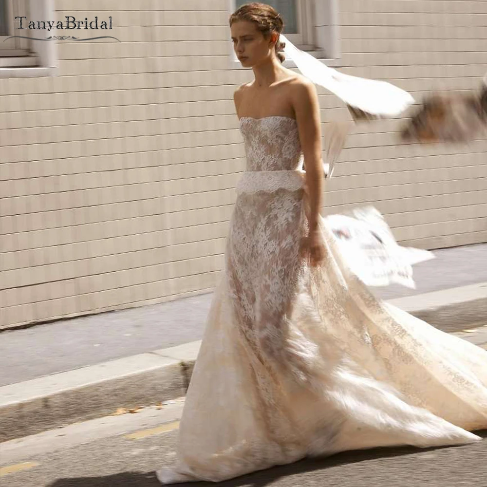 

Кружевное свадебное платье телесного цвета с подкладкой, модное свадебное платье трапециевидной формы без бретелек с небольшим шлейфом DW1046