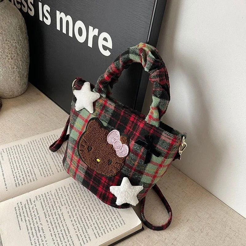 Urocza torebka damska na ramię z motywem Hello Kitty, codzienna, retro, wełniana torba crossbody, damska portmonetka, torba na zakupy.