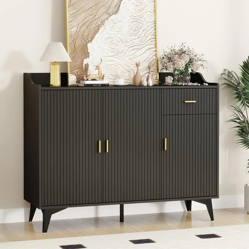 

Fluted Doors & Drawer, Wood Farmhouse Credenza Coffee Bar Cabinet with Baffle Tabletop and Handles for Kitchen, Living Dining