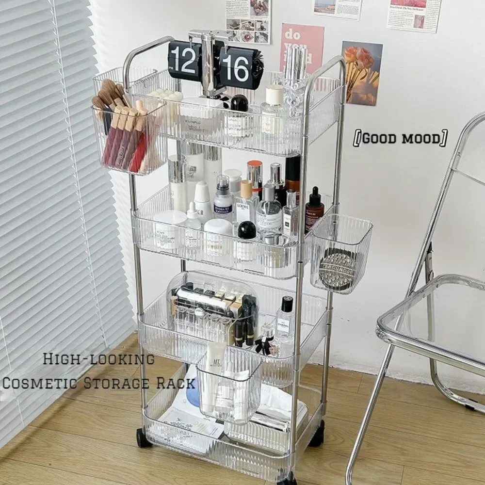 Transparent Trolley Acrylic 4 Layers Rolling Cart With Removable Hanging Basket Multifunctional Storage Rack Kitchen Bookshelf