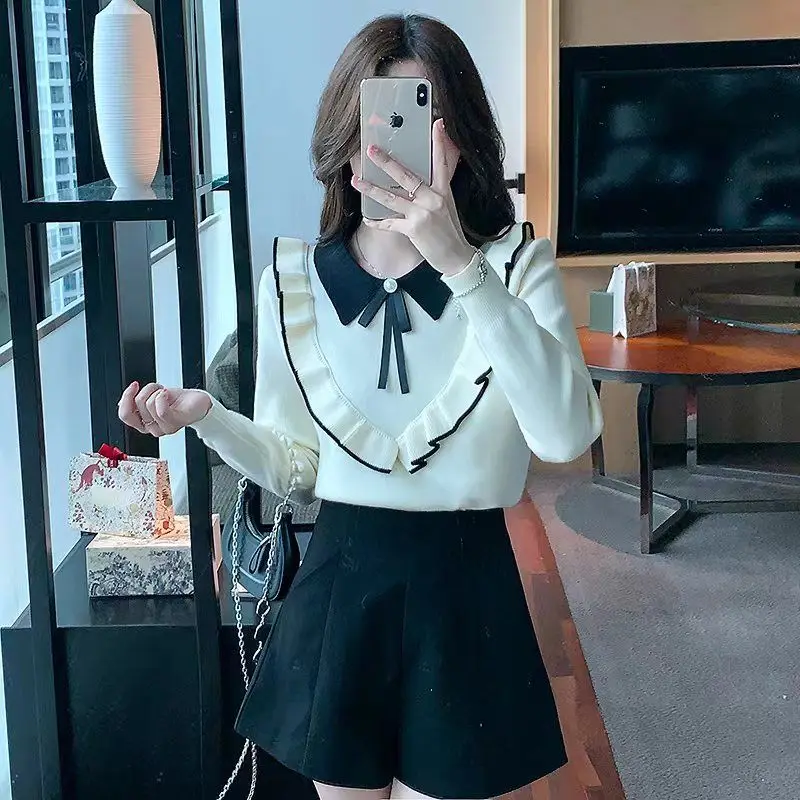 New Fashion Ruffles Patchwork Knitting Sweaters Autumn Winter Long Sleeve Solid Sweet Pullovers Top Korean Elegant Women Clothes