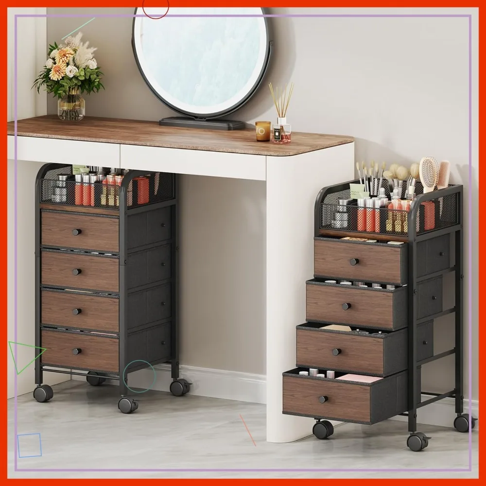 

Rolling Makeup Organizer Cart - Under Desk Vanity Storage with 4 Drawers, Nail Cart for Cosmetics Perfume Brushes