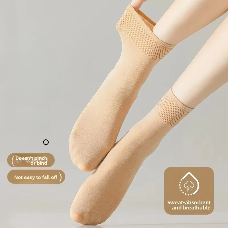 5Pairs Women's High‑density Knit Silk Socks Velvet Pineapple-Cuff Mid Tube Socks Sheer Stocking Anti-Snag High Elastic Long Sock