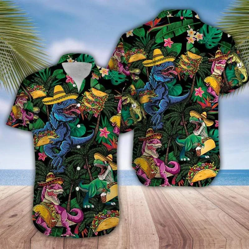 

Hawaiian Men's Shirt Cartoon Dinosaur Funny Short Sleeve Cuban Shirt 3D Summer Holiday Club Men's and Women's Button-Up Top