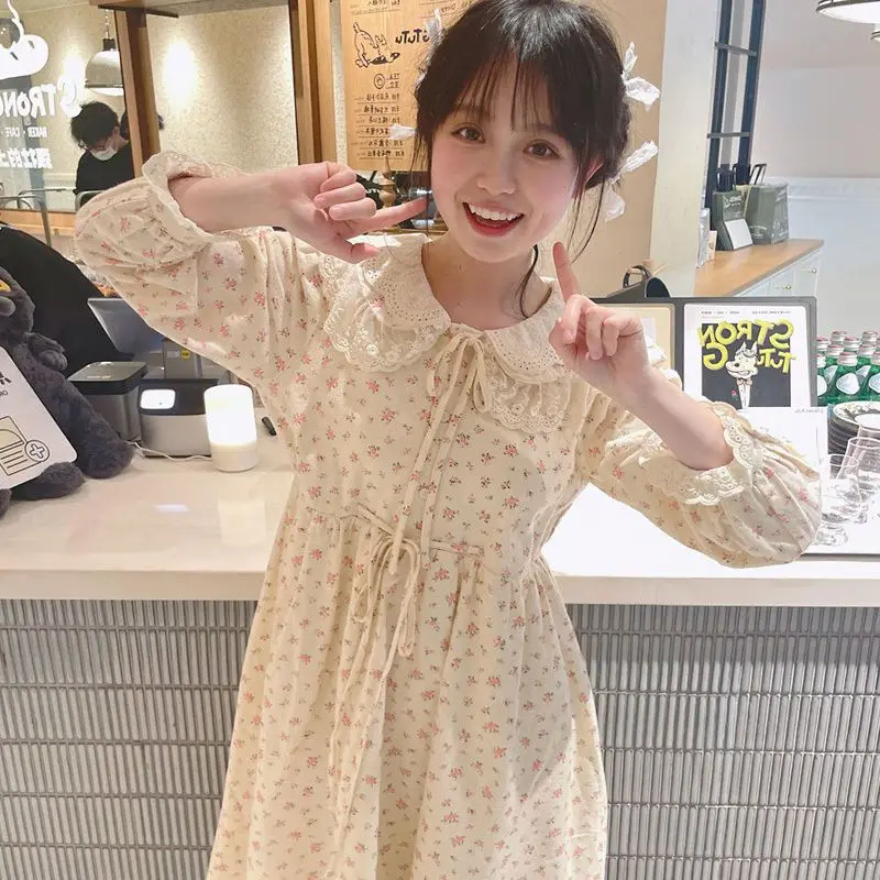 Kimotimo Spring Floral Fairy Dresses Women Japanese Sweet Lace Spliced Doll Collar Belt Waist Long Sleeve Dress Casual Vestidos