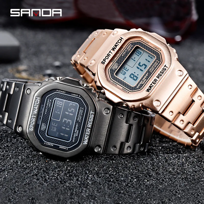 

SANDA Brand Luxury Men Watches Electronic Digital Steel Strap Watch For Men Military Sports Fashion Waterproof Man Wristwatch