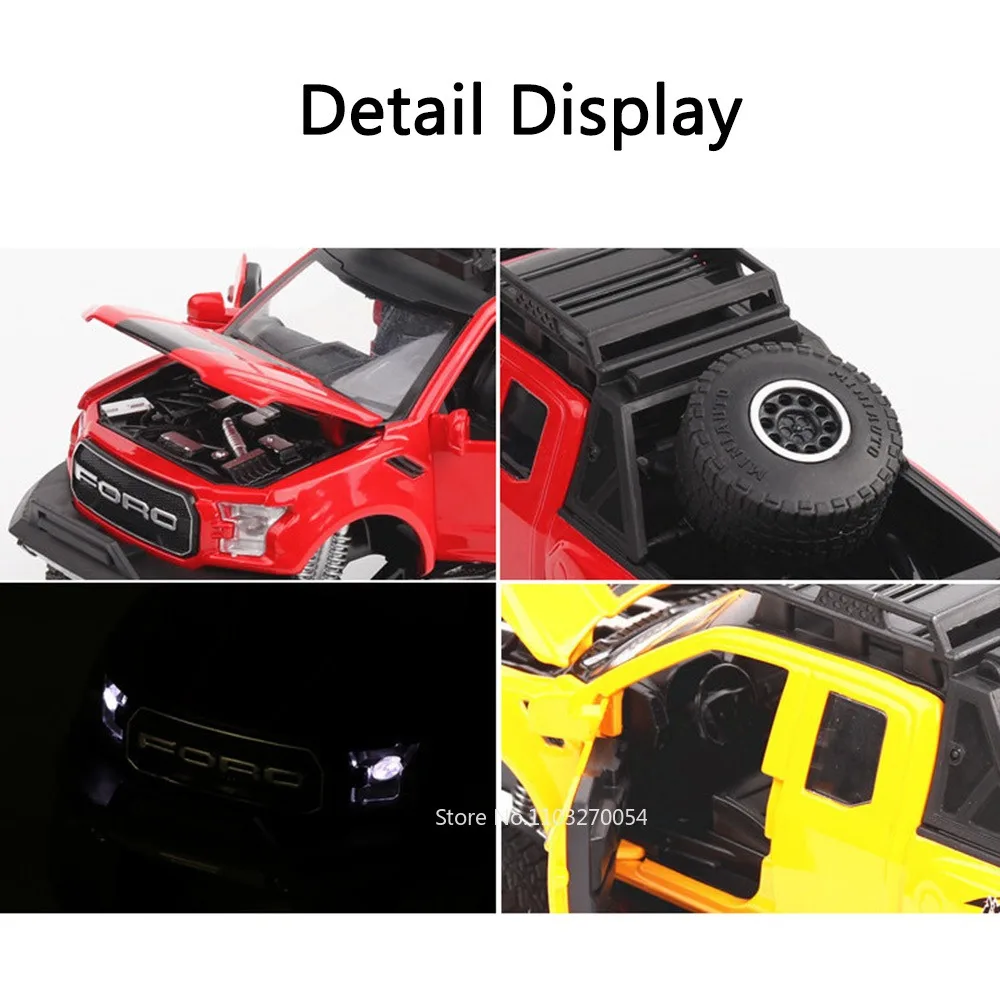 Scale 1/32 Ford Raptor F150 Cars Model Toys Diecast Alloy Pickup Metal Body Rubber Tires Sound Light Vehicles Toy Gifts for Kids