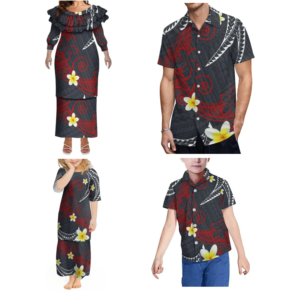 ملابس عائلية غير رسمية أنيقة لوتس ليف الدانتيل منتصف الأكمام المجهزة Puletasi فستان بتصميم بدلة المرأة فستان بولينيزيا مخصص قميص رجالي #2