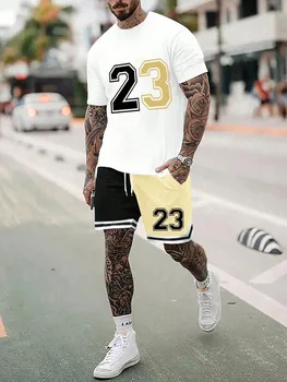 เครื่องแต่งกายลำลองของผู้ชายพิมพ์ลาย23ชิ้นเสื้อยืดแขนสั้นทันสมัยชุดกางเกงขาสั้นแห้งเร็วสำหรับออกกำลังกายในฤดูร้อน