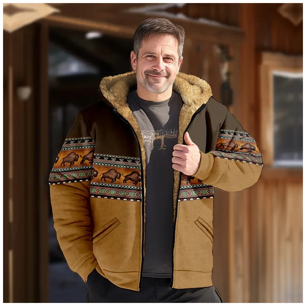 

Men Jacket Cardigans Coats Festival Printed Thick Outdoor Hunting Fleece Winter Casual Native Aztec Buffalo Streetwear Clothing