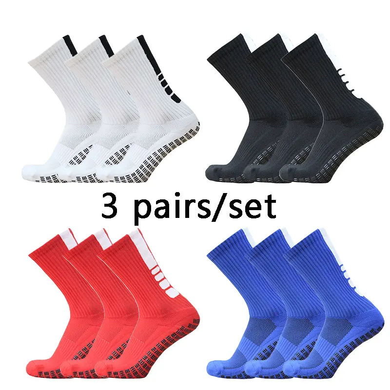 3 pairs New Anti Slip Soccer Socks Men Vertical Stripes, Dots, Three Bars Grip Football Socks calcetines hombre futbol