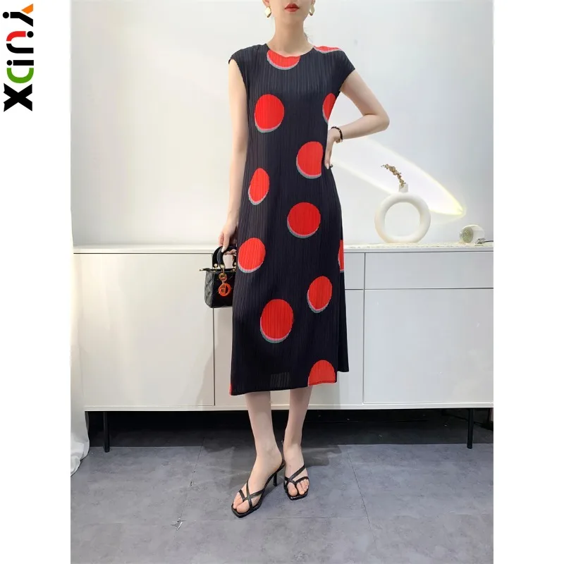 

Miyake Women's Dresses Polka Dot Printed Color Clashing Resort Style Pleated Dresses Midi Long Sleeve Round Neck 2024 Summer New