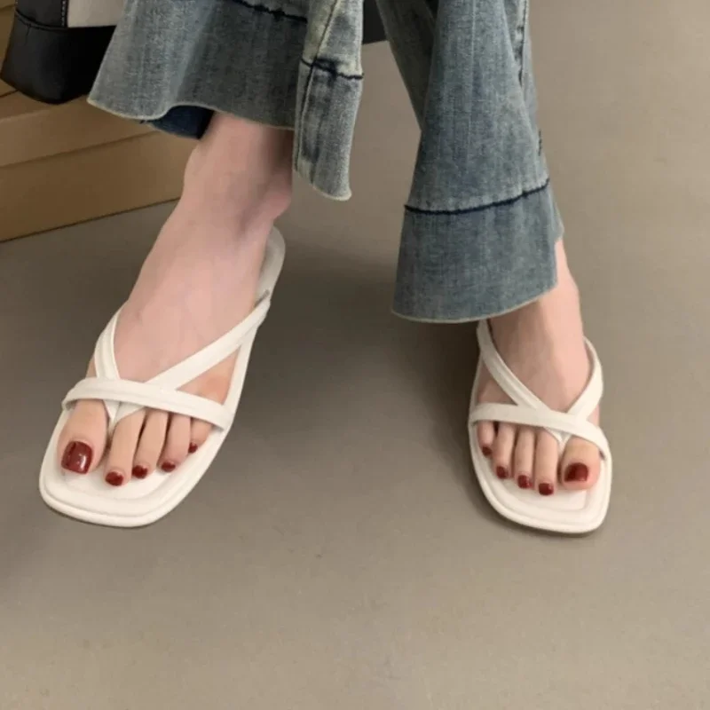 NEW Summer Off White Shoes for Women 2024 Open Toe Slides with Heel Sandals Outside Woman Slippers Flip Flops B Designer Casual