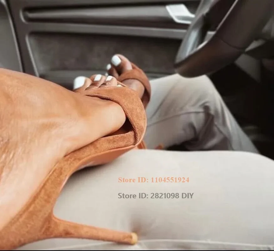 스웨이드 가죽 스틸레토 힐 슬리퍼 여성 지적 오픈 발가락 뮬 한 벨트 스트랩 얇은 뒤꿈치 슬립 온 샌들 섹시한 드레스 신발