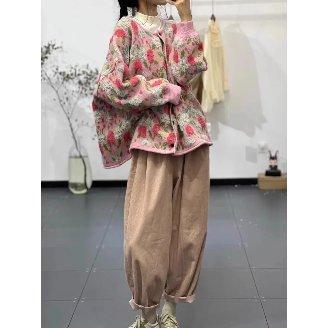 Runde Ne Gestrickte Pullover Mantel Casual Lose Sle mit Blumenmuster für Frauen Herbst Winter Neue Ankunft Ele Abnehmen