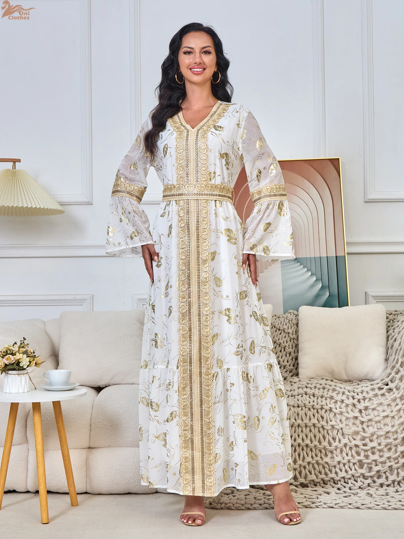 2025 Muslim Abaya Women Flare Sleeve V Neck Dubai Islamic Turkey kaftan moroccan White Cocktail Prom Gown Long Maxi dresses