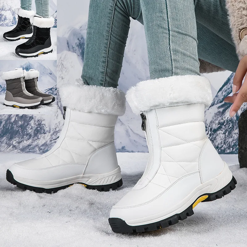 

2024 Turned-over Edge Snow Boots For Women Warm Thickened Cotton Shoes Ladies Mid-calf Waterproof Winter Daily Wear Faux Fur