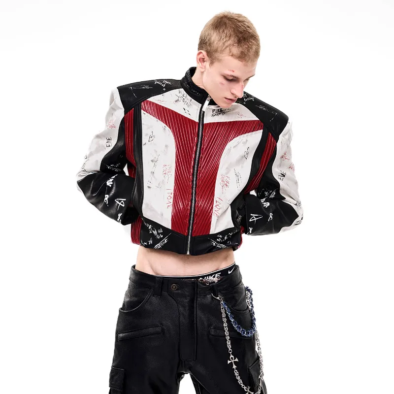 LUZHEN Fashion Original Color Contrast Splicing Design Short Motorcycles Leather Jacket Men's 2025 New Stand Neck PU Coat JY4582