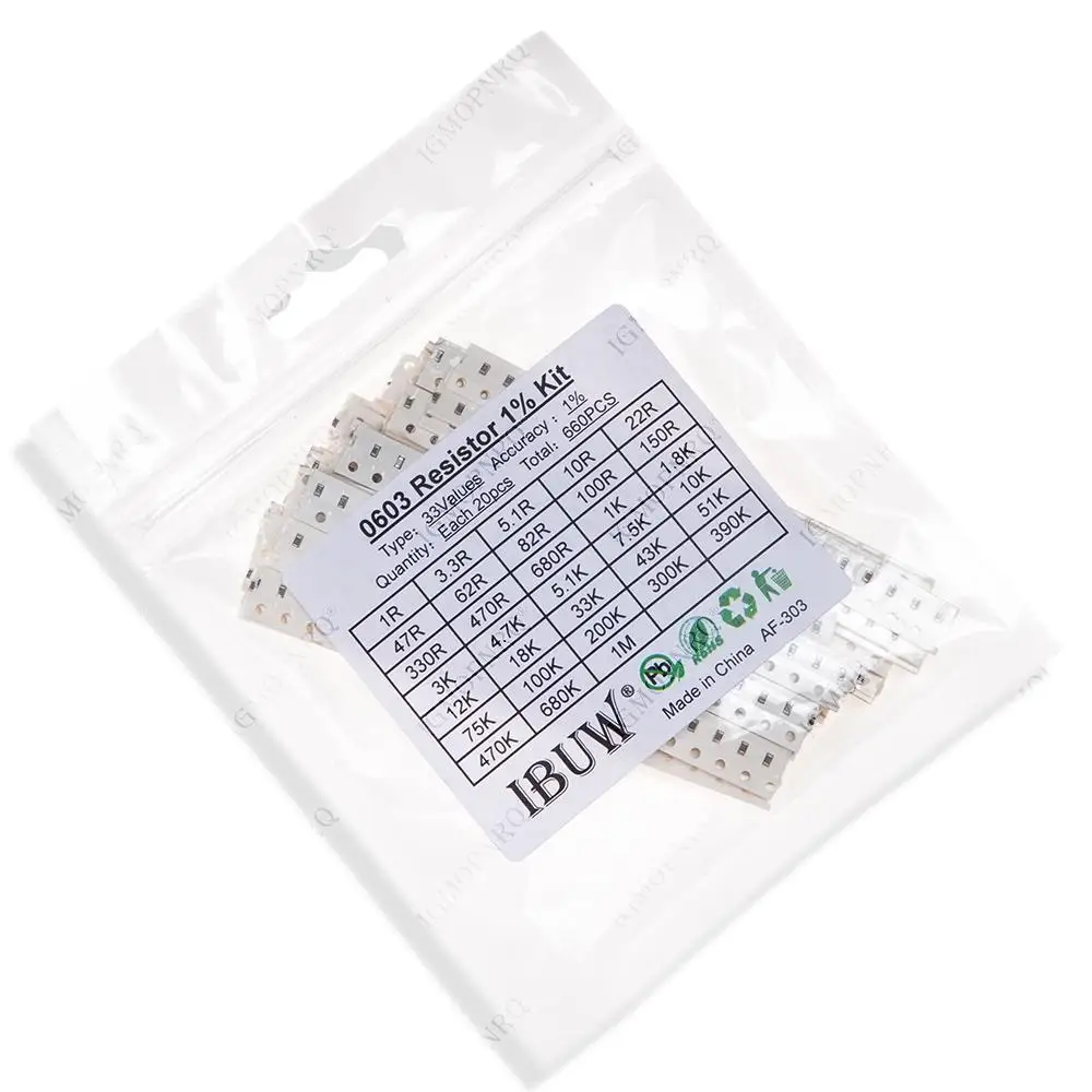 0603 SMD Resistor Kit Assorted Kit 1ohm-1M ohm 1% 33valuesX 20PCS=660PCS/lot Sample Kit igmopnrq