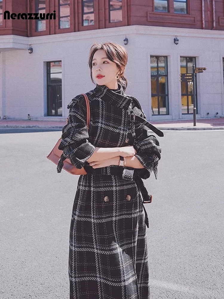 Nerazzurri Autumn Winter Loose Stylish Chic Colorful Thick Warm Plaid Woolen Coat Women Raglan Sleeve Sashes Korean Fashion 2023