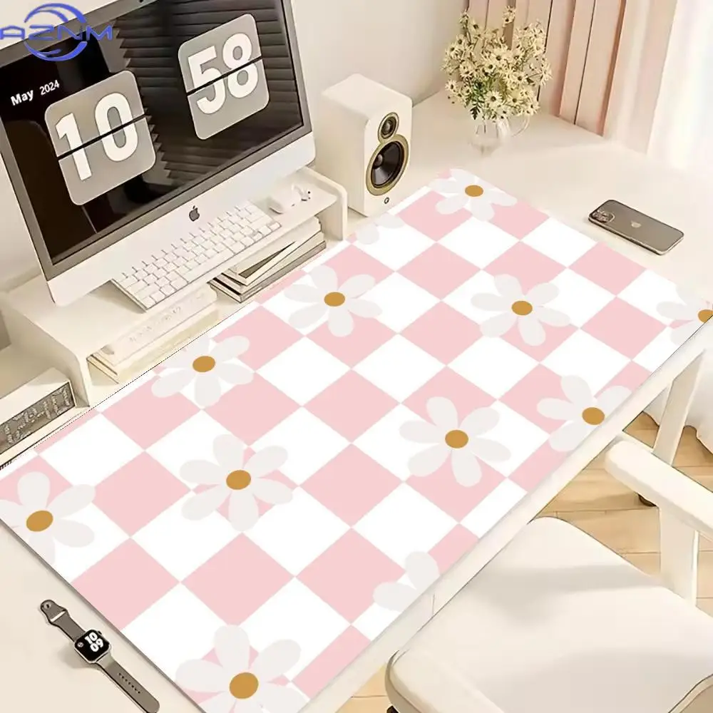 Cute Grid Daisy Floral Gaming Desk Mat Non-Slip Large XXL Mouse Padcm Kawaii Desktop Pad for Home Office Accessories 1pc