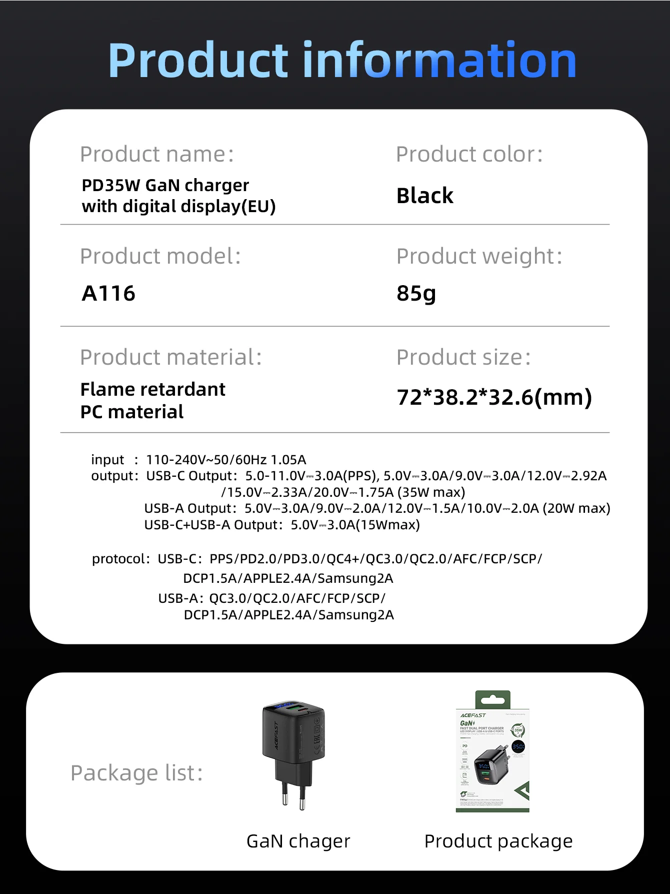 ACEFAST GaN 35W Schnellladegerät mit USB-C-Anschluss für Samsung S25 S24 PD QC Schnellladewandadapter mit LED-Digitalanzeige – Detail 7