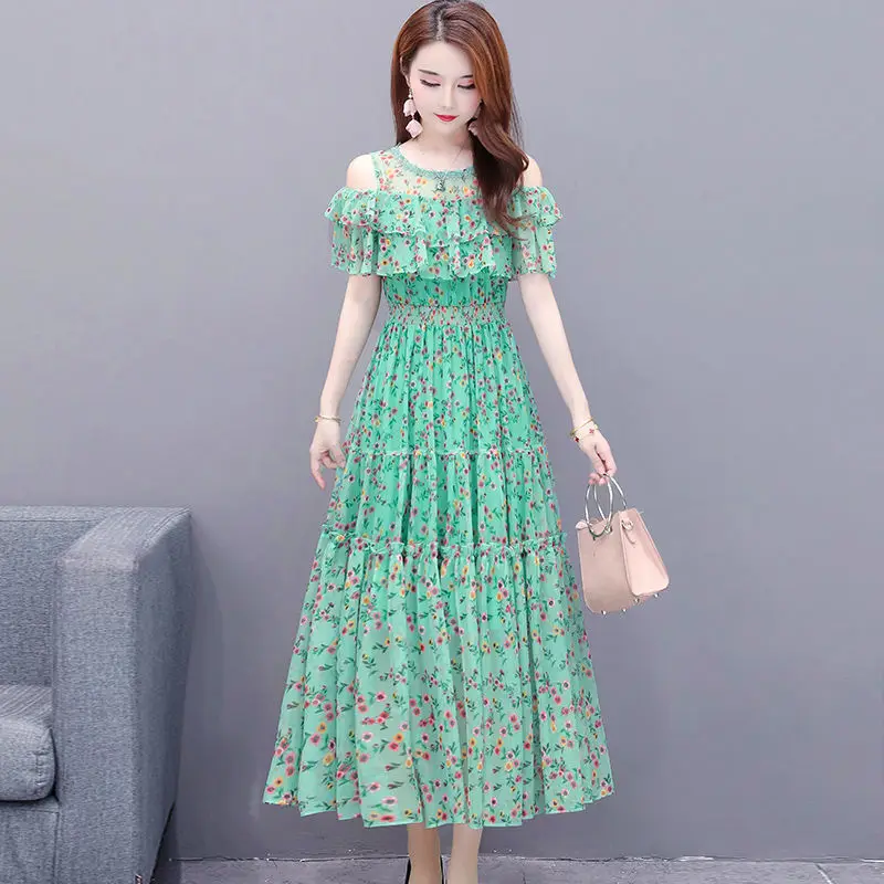 Elegant O-Neck Spliced Folds Ruffles Off Shoulder Floral Dress Women Clothing 2024 Summer New Loose Office Lady Midi Dress