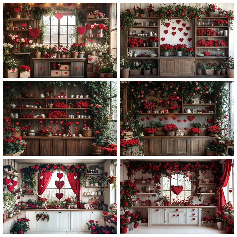 

Valentine‘s Day Kitchen Photography Backdrop Romantic Valentine Rose Flowers Cuboard Kids Portrait Background Decor Photo Studio