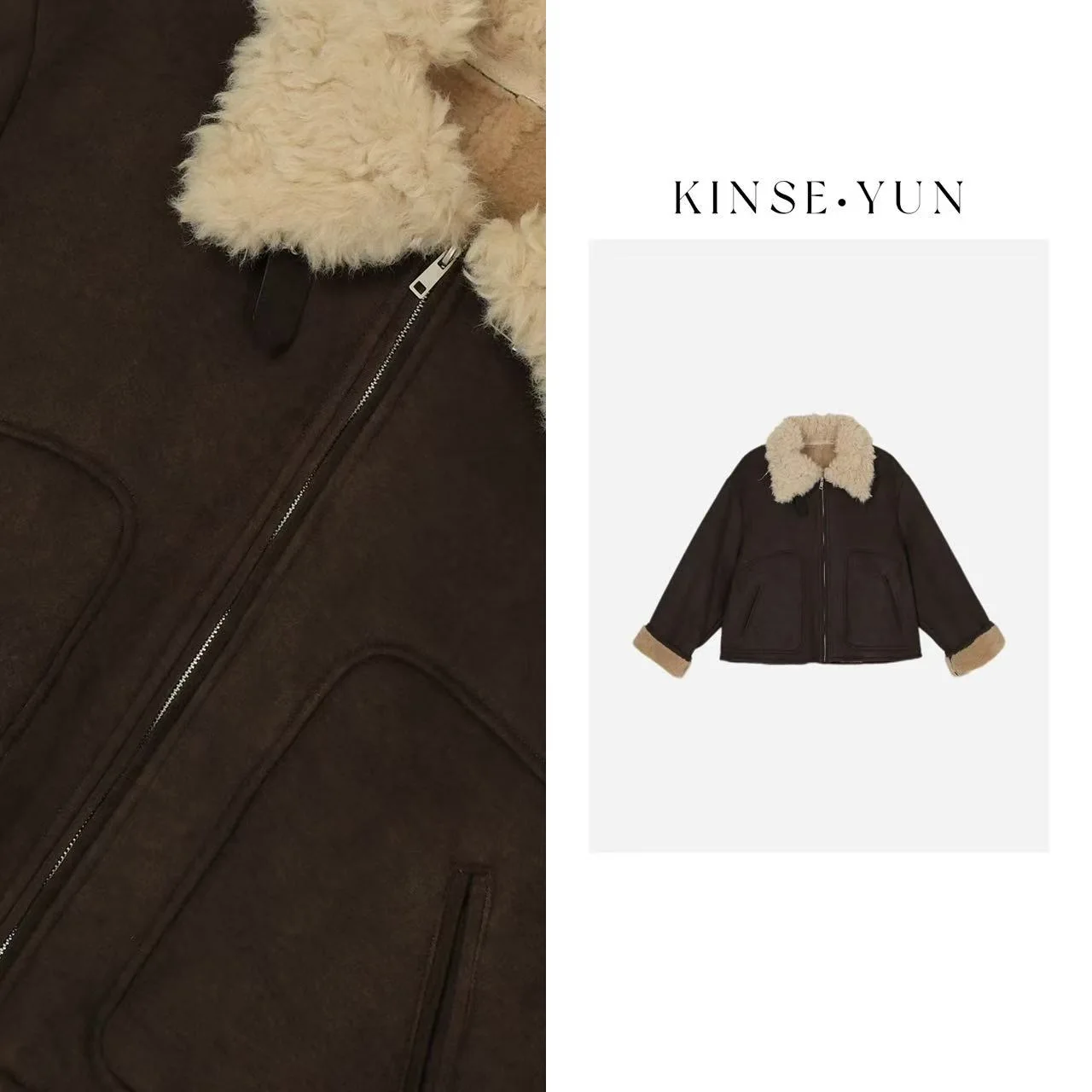 

KINSE·YUN Thiened Suede Collar ort Coat Inteated Leather And Fur Flip Collar Outerwear for Women Winter Season