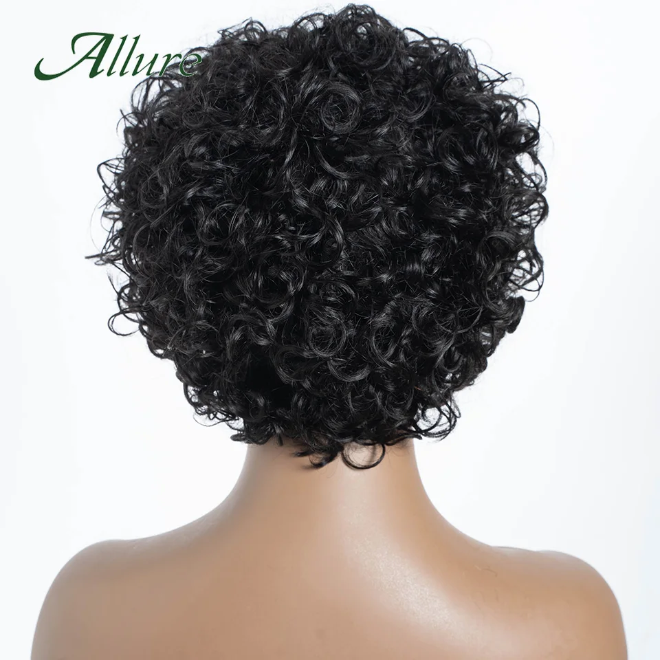 Afo Kinky Curly Human Hair Wigs for Women Brazilian Pixie Short Hair Wig With Bangs 8 inch Natural Black Colored Hair Wig Allure