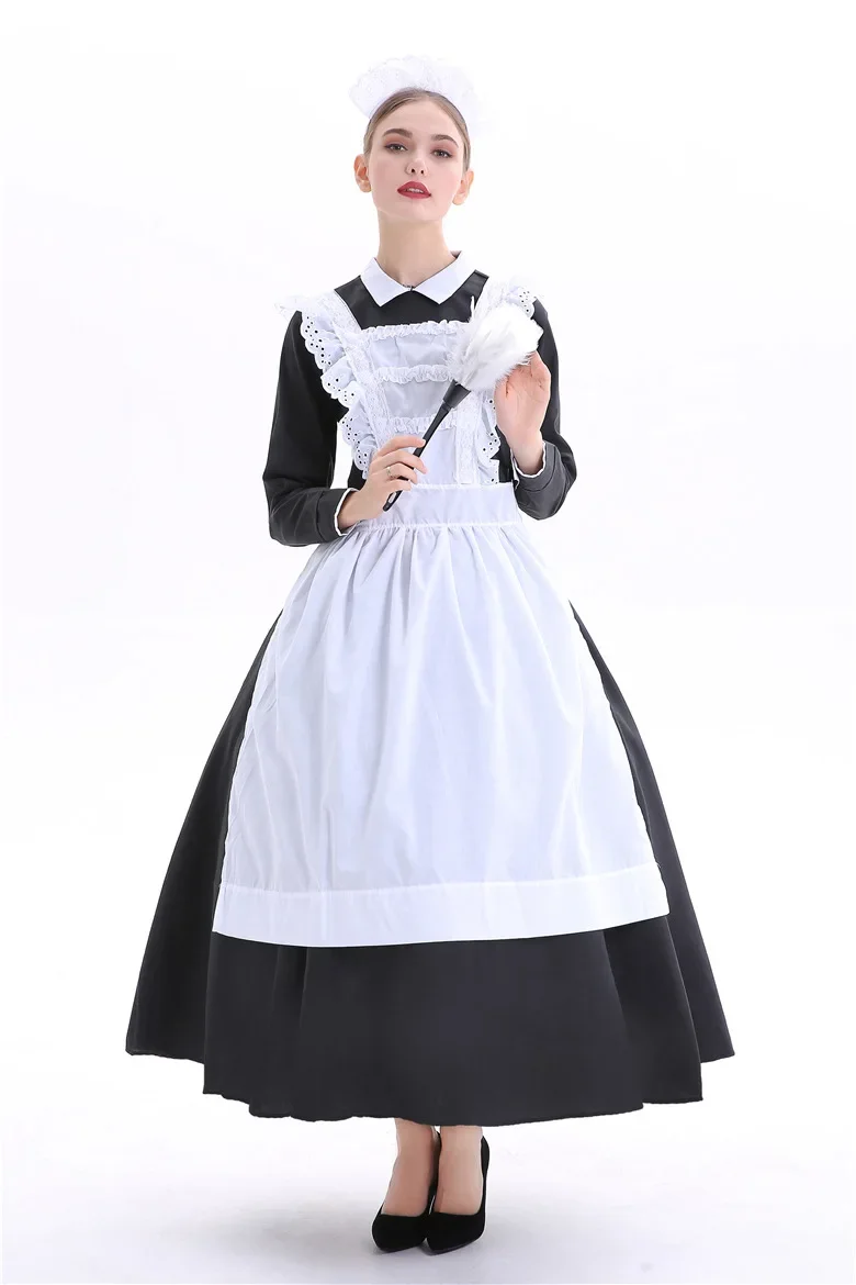 Uniforme cosplay empregada para mulheres, vestido longo, preto e branco, vestido café, fantasias de Halloween