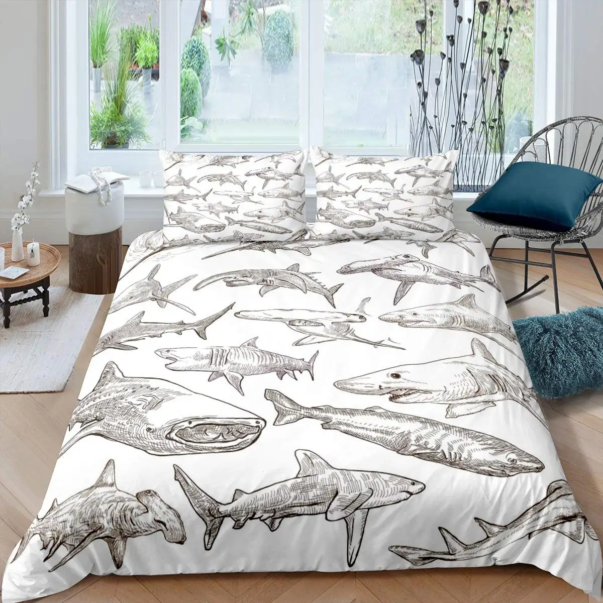 Teens Shark Duvet Cover Ocean Life Pattern Bedding Set for Kids Boys Girls Adult Dolphin Whale Comforter Cover Twin Queen Size