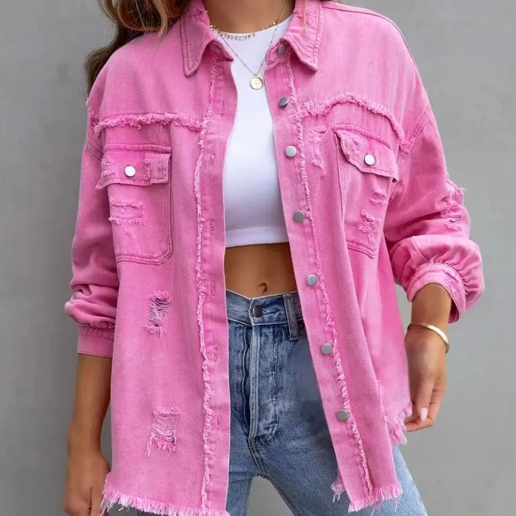 2026 Green Denim Jacket Women Coat Holes Raw-edges Spring Autumn Shirt Style Jean Coat Casual Top Oversize Loose Cotton Outwear