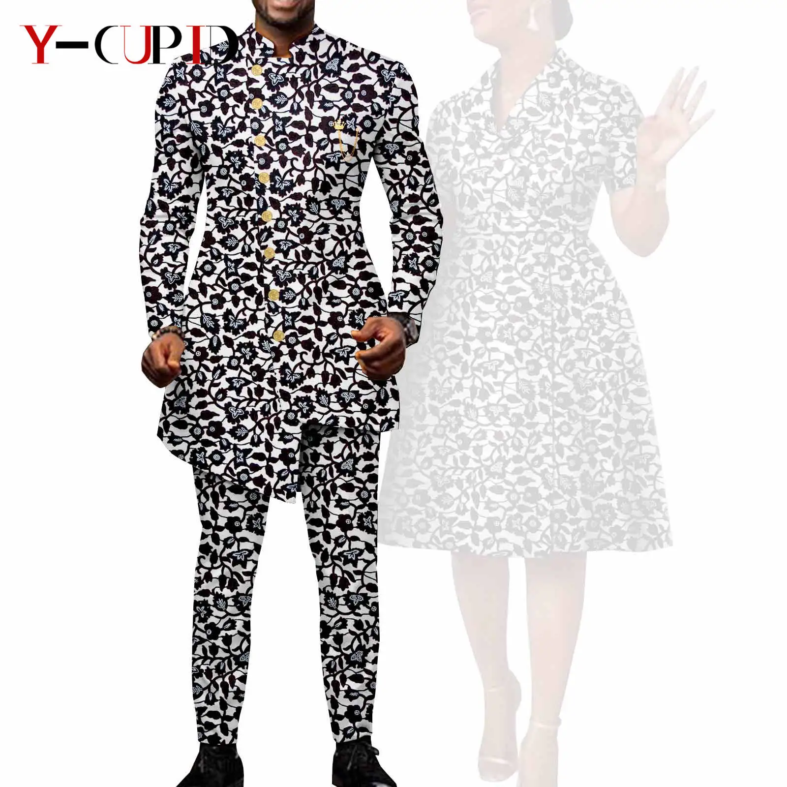 African Suits for Men Single Breasted Fit Jackets Matching Couple Outfits Bazin Riche Dashiki Print Dresses Trench Coats Y23C007