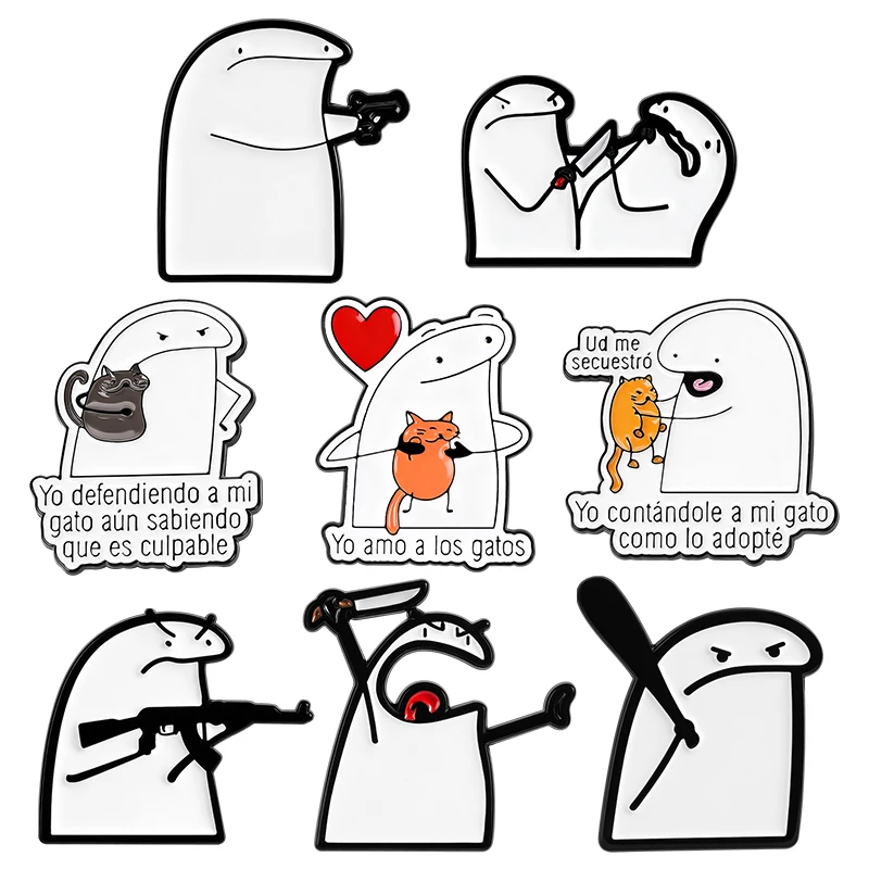 Flork Memes With Cats Enamel Pins Animal Funny Spanish Quotes Inspired Brooches Cute Character Kitten Jewelry Gift for Friends