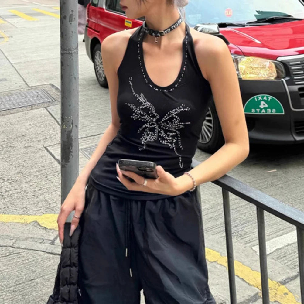 

For Vacation Backless Black Top Ideal For Daily Activities Club Fashion Daily Wear Holiday Apparel O Neck Style