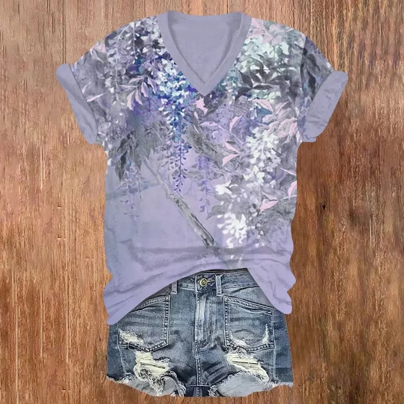 Japanese Dreamy Wisteria Rock Painting Art Pattern Print Short Sleeved V-neck T-shirt Summer Women's T Shirts