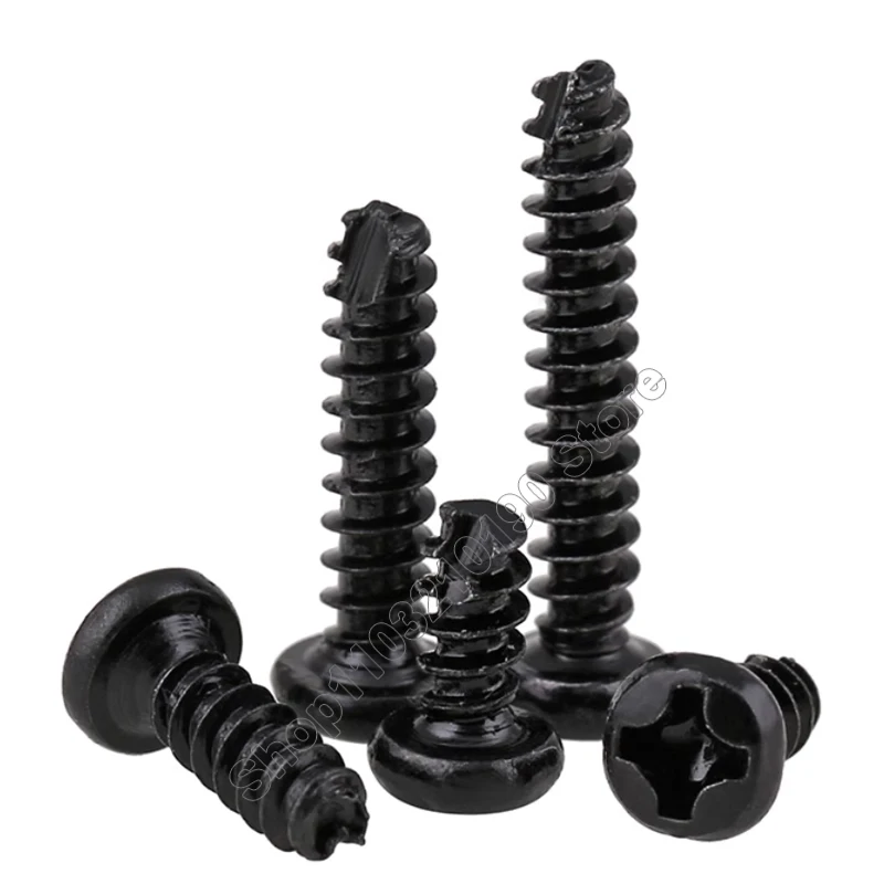 

100-300pcs M2,M2.3,M2.6,M3 Phillips Round Head Tail-Cut Self Tapping Wood Screw Black Cross Recessed Pan Cutting Tail Head Screw