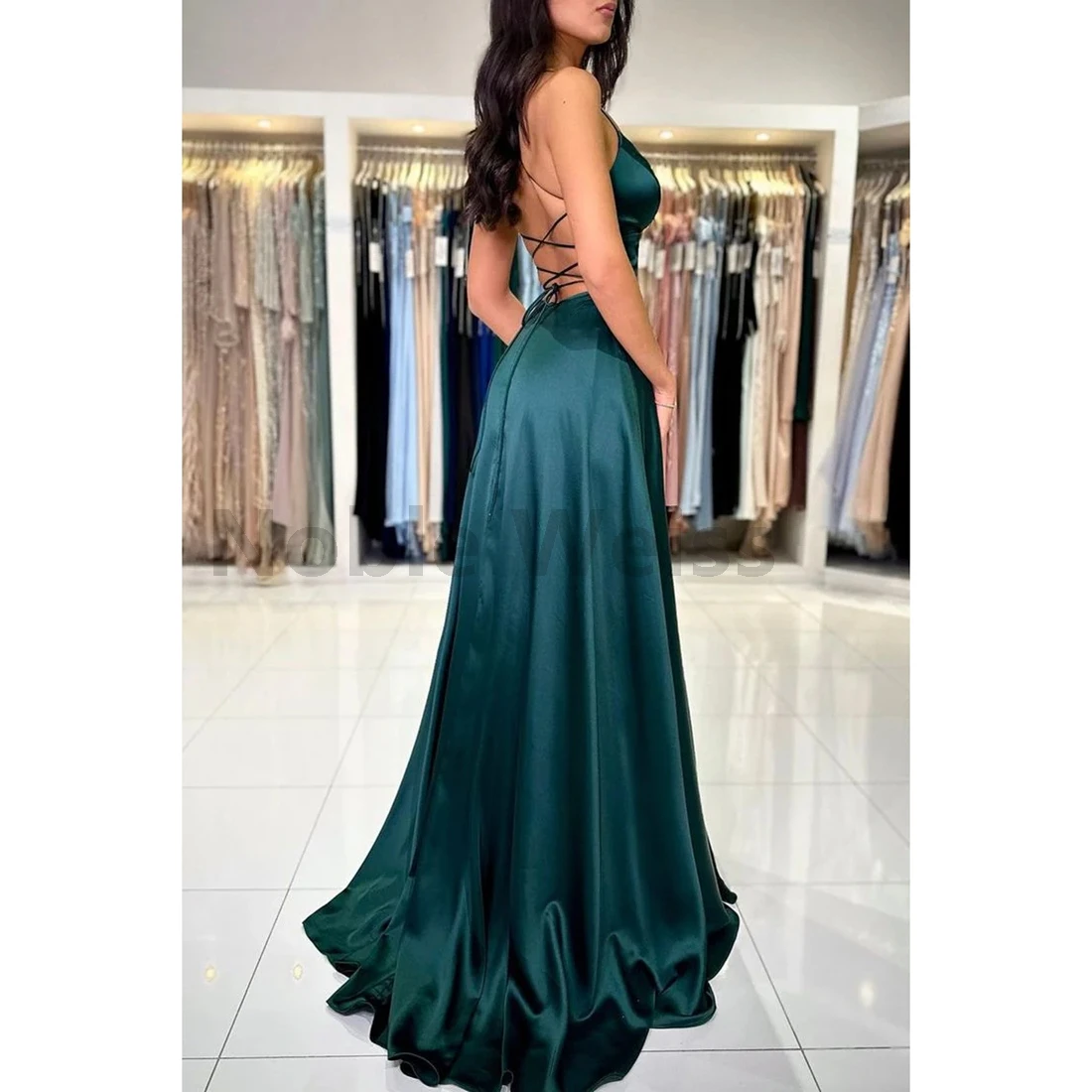 Satin Prom Dress V-Neck Floor-Length A-Line Evening Gown with Split Customize