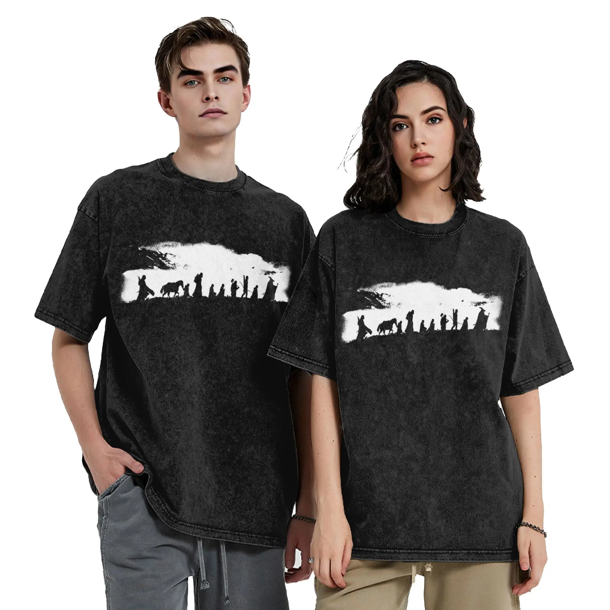 Washed T Shirts L-Lords R-Rings The Fellowship Vintage T-Shirt High Street  Streetwear Graphic Printed Tops Tees for Men Women