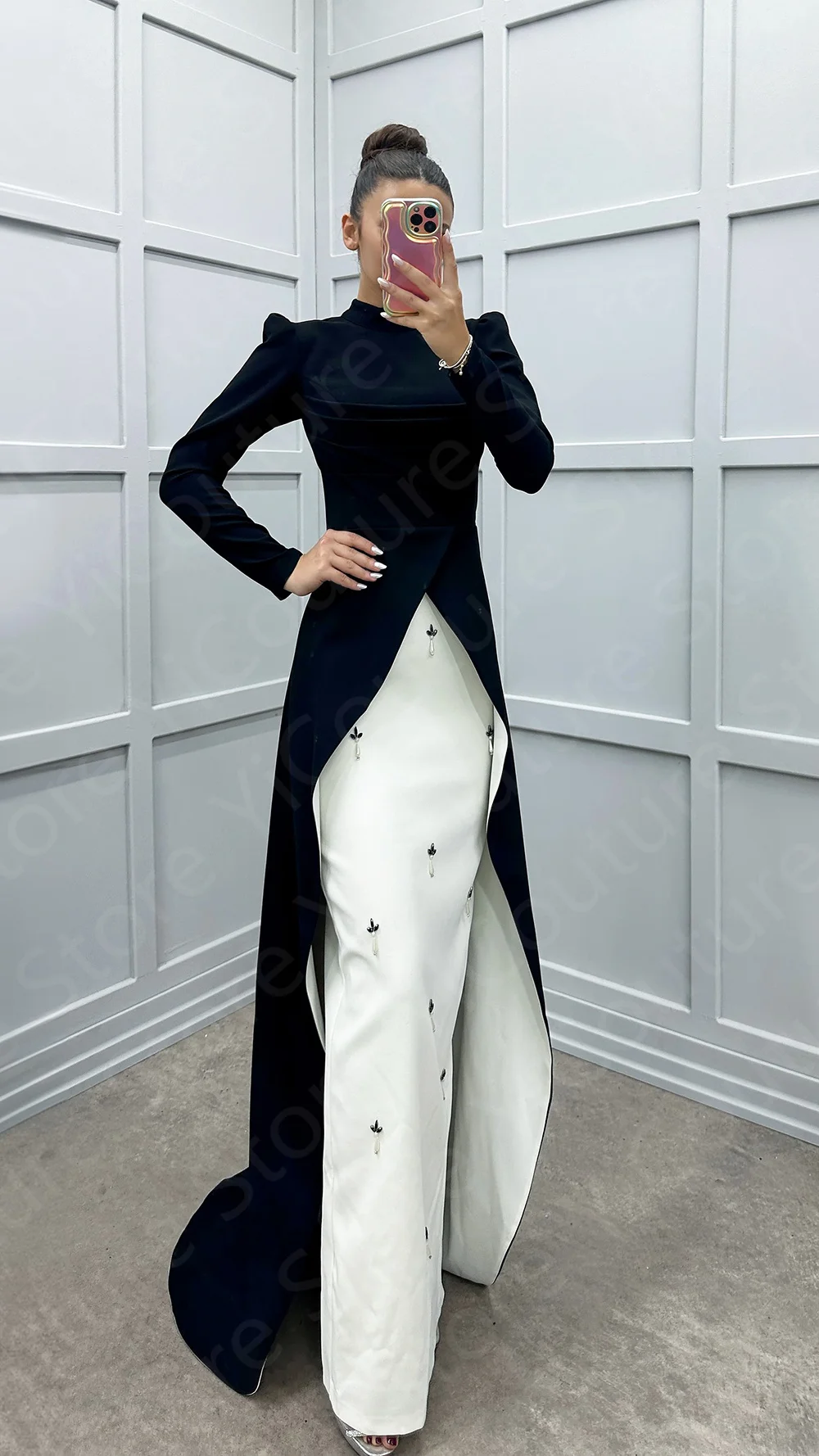 Classic Black and White Evening Dresses Contrast Color Prom Party Dresses Long Sleeves Wedding Guest Gowns High Neck Customized